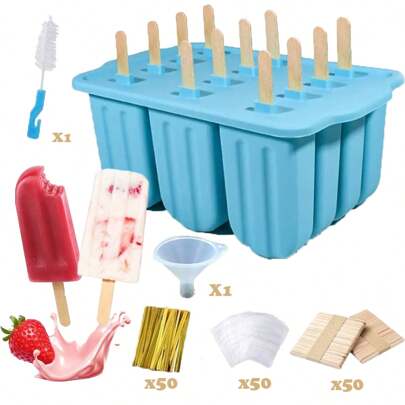 Homemade Popsicle Maker - 12-Cavity Silicone Mold With Lid, 50 Sticks/Bags/Ties + Tools - Foldable, Easy To Use - Ideal For Summer Parties & Gatherings