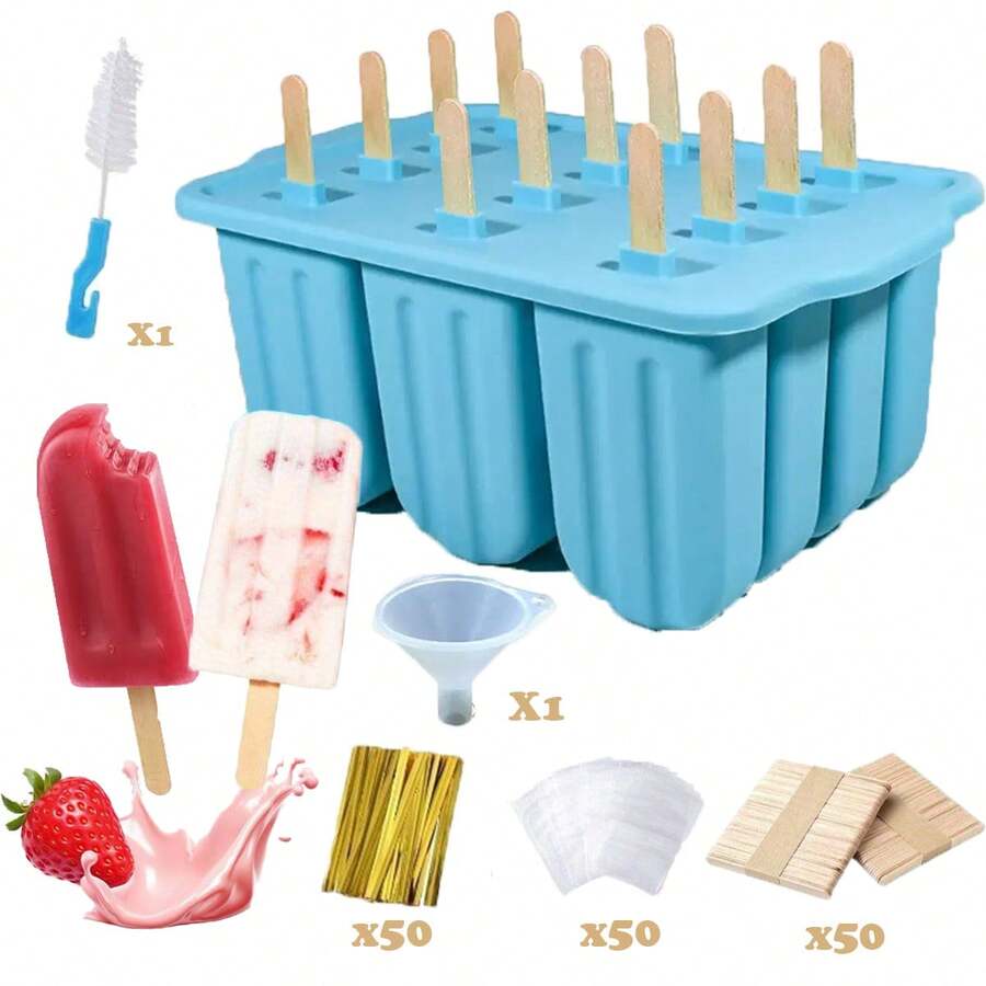 Homemade Popsicle Maker - 12-Cavity Silicone Mold With Lid, 50 Sticks/Bags/Ties + Tools - Foldable, Easy To Use - Ideal For Summer Parties & Gatherings - 藍色 - 查看 1