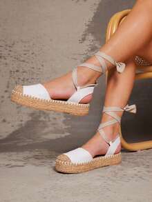 Zapatos planos de alpargata con diseño de pierna anudada para mujer    Bohemian  Vacation - Blanco - Ver 3