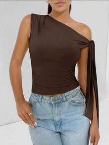 Elegant Suplex T-Shirt Top With Asymmetrical Shoulders And Straps, Ideal For Daily Use, Outings, Nightclubs, Parties, Halloween Costumes - 咖啡棕 - 查看 4