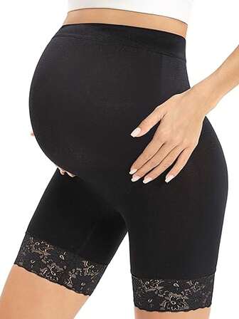 Maternity High Waist Skin-Colored Leggings Underwear, Lace Trim Solid Color Pregnancy Underpants & Leggings