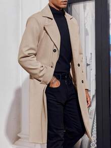 Men's Notch Lapel Double Breasted Long Trench Coat Casual Cotton Blend Peacoathalloween - 米色 - 查看 8