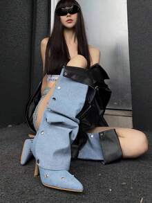 女款鈕扣拼接 2 合 1 可拆卸抓皺高跟時尚靴，尖頭細高跟長靴 - 藍色 - View 3
