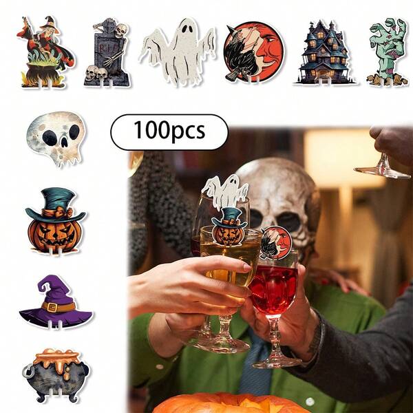 100 piezas de tarjetas decorativas para fiesta de Halloween, cabezas de calabaza, enchufes de fantasmas, etc., tarjetas decorativas de escritorio para fiesta con copas de vino, tarjetas de Halloween, decoraciones de Halloween, Halloween