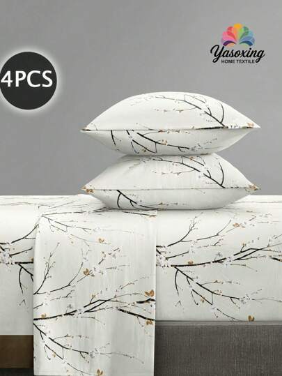 4Pcs Beige Flower Plum Tree Branches Pattern Sheet Set Bedding Set, 1pc Fitted Sheet & 1pc Flat Sheet& 2pcs Pillowcase Bedding Mattress Protector Set (Not Including Pillow Core)Luxury Fitted Sheet Set King Queen Full TWIN SIZE Sheet Deep Pocket Up To 11.8 Inch Pillowcase, Soft Breathable Wrinkle-Free Better For Sleep, Luxury Hotel Style, Gift For Mom Dad Friend Domitory Bedding Back School Bedding