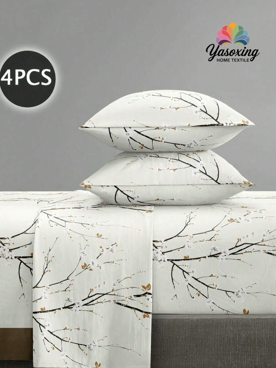4Pcs Beige Flower Plum Tree Branches Pattern Sheet Set Bedding Set, 1pc Fitted Sheet & 1pc Flat Sheet& 2pcs Pillowcase Bedding Mattress Protector Set (Not Including Pillow Core)Luxury Fitted Sheet Set King Queen Full TWIN SIZE Sheet Deep Pocket Up To 11.8 Inch Pillowcase, Soft Breathable Wrinkle-Free Better For Sleep, Luxury Hotel Style, Gift For Mom Dad Friend Domitory Bedding Back School Bedding - Beige - View 1
