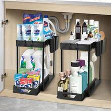 Under Sink Organizer Shelf, 2-Tier Kitchen Organizer With Sliding Basket And Hooks, Multipurpose Bathroom Cabinet Organizer (Black) - 黑色(1Psc) - 查看 1