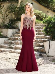 MisShow Women's Lace Applique Long Formal Mermaid Evening Prom Dresses - 酒紅色 - 查看 8