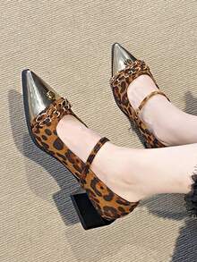 Tacones de plataforma con hebilla metálica, estampado de leopardo y bloque de color, puntera puntiaguda, estilo coreano de tacón alto, tacones medios tipo Mary Jane para mujer