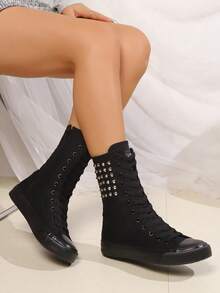 1 Pair Of Women's Short Boots, Suitable For Dances And School Daily Wear, With External Rivet Decoration And Internal Zipper, Lightweight And Comfortable Flat Boots - 黑色 - 查看 7