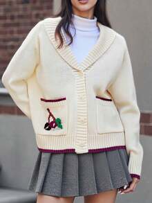 Women Button Up Sweaters Casual Cherry Pattern Long Sleeves Knit Cardigans Warm Fall Knitwear For Streetwear - Beige - View 1