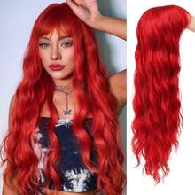 Synthetic Hair BangsRed Long Curly Wavy Wigs For Women With Bangs Natural Synthetic Hair Wig Cosplay Halloween Party Wigs - 紅色 - 查看 1