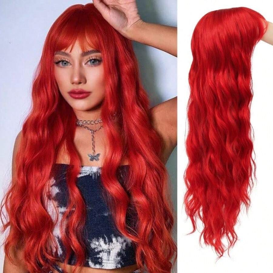 Synthetic Hair BangsRed Long Curly Wavy Wigs For Women With Bangs Natural Synthetic Hair Wig Cosplay Halloween Party Wigs - 紅色 - 查看 1