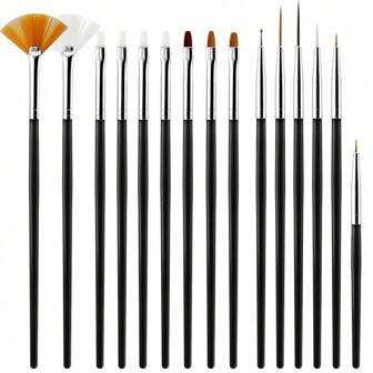 15 件指甲刷、美甲套装、指甲刷套装指甲彩绘、指甲设计、美甲用品美甲笔、光疗笔、点画刷、绘画刷、扇形刷、雕刻刷、斜角刷、细节刷和描摹刷。