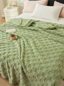1 件浅绿色华夫格毛绒柔软舒适毛毯，适合卧室和客房