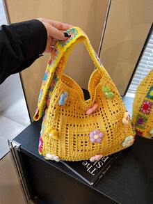 Vintage Hollow Floral Contrast Color Casual Crossbody Bag (Flower Color And Position Random) - Multicolor - View 15