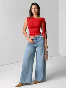 Elegant Suplex T-Shirt Top With Asymmetrical Shoulders And Straps, Ideal For Daily Use, Outings, Nightclubs, Parties, Halloween Costumes - 紅色 - 查看 2