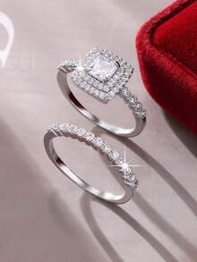两枚璀璨经典方形立方氧化锆戒指套装，适合女性、情侣、日常佩戴、婚礼、订婚、派对、珠宝、情人节、生日礼物 - 銀色 - 查看 2