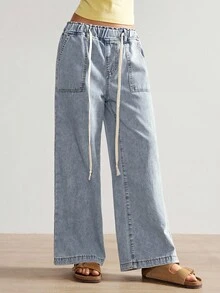 Bohemela 度假休闲水洗抽绳阔腿牛仔裤 - 藍色 - 查看 3