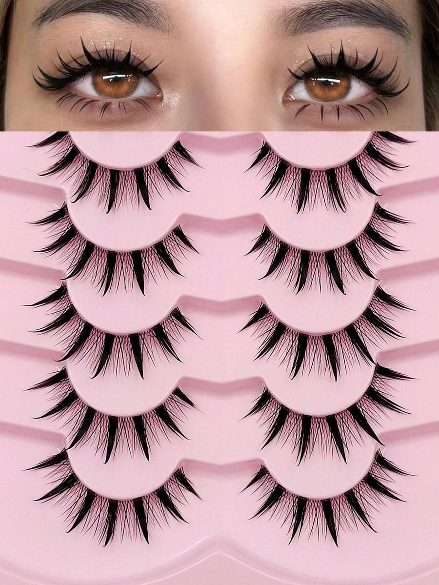Sibeuna 7 Pairs New Wet Manga Style Japanese Cosplay False Eyelashes, Spiky Design, Transparent Stem, Anime Style, Lightweight & Thick, Faux Mink, For Doll-Like Fairy Makeup - 漫畫款濕睫毛 - 查看 1