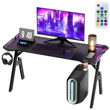 A-Frame Gaming Desk 140cm Wide With LED | 1.5cm Thick MDF Board & Steel Frame | Ergonomic Computer Desk Spacious Work Surface | RGB Gamer Table Home Office Desk - Black - View 2