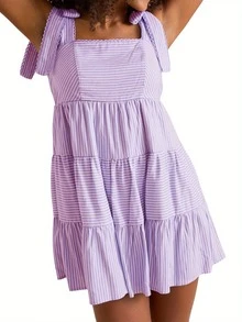 Women Sleeveless Mini Dress Casual Summer Tie Up Strap Striped Print A-Line Party Dress For Beach Club Streetwear - 紫色 - 查看 7