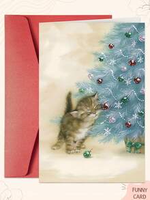 1PC Christmas Cat Card With Envelope - Universal Christmas Holiday Wishes - Festive Cat & Christmas Tree Design - Perfect For Friends, Family, Cat Lovers & Everyone On Your List - Multicolor - View 1