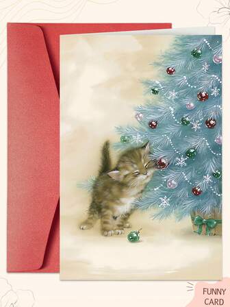 1PC Christmas Cat Card With Envelope - Universal Christmas Holiday Wishes - Festive Cat & Christmas Tree Design - Perfect For Friends, Family, Cat Lovers & Everyone On Your List