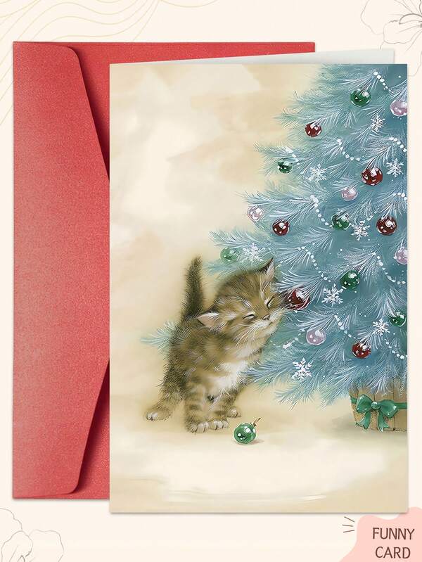 1 PIEZA Tarjeta de Navidad con Gato y Sobre - Deseos Universales de Vacaciones Navideñas - Diseño Festivo de Gato y Árbol de Navidad - Perfecta para Amigos, Familia, Amantes de los Gatos y Todos en tu Lista