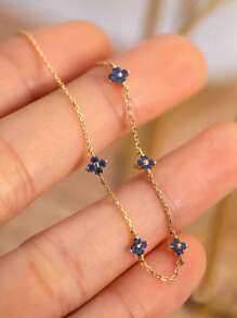 BALMORA 1pc 925 Sterling Silver Elegant Cute Blue Flower Zirconia Chain Bracelet, Suitable For Women's Daily Wear, Friendly Gatherings Or As A Gift - Gold - View 3