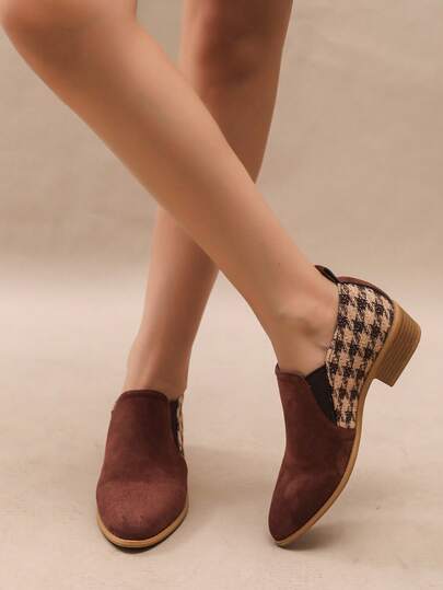 2025 Spring/Autumn New Pointed Toe Mid-Heel Color Block Houndstooth Slip-On Flats For Women