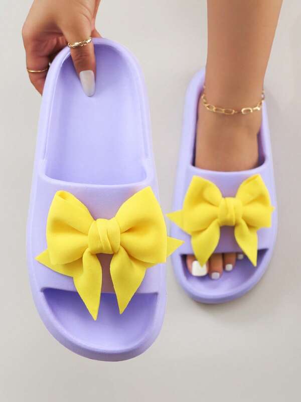 Cute Bowknot Colorblock Bubble Cotton Women's Slip-On Beach Slippers