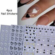 4pcs Love Theme Nail Stickers Set, Black White Golden Heart Patterns, Self-Adhesive Plastic Nail Art Decals With Glitter, Glossy Finish, Single Use Embellishments For Valentine'S Day - 彩色 - 查看 3