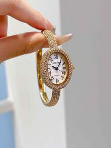 1pc Ladies' Watch, Golden Watch, Classic Oval-Shaped Case With Roman Numeral Dial, Suitable For Daily Wear, Business Work Watch, Festival Gift