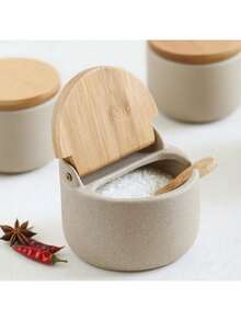 1 قطعة/3 قطع/4 قطع مجموعة أوعية توابل سيراميكية سميكة مع ملاعق وصينية خشبية، أوعية تخزين للملح وجوهر الدجاج والسكر والفلفل الحار المجفف مع أغطية قابلة للطي، قابلة لإعادة الاستخدام للمطبخ والطعام والشواء الخارجي