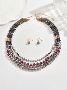 2pcs Elegant Purple Crystal Beaded Necklace And Earrings Jewelry Set, Shiny Sophisticated Jewelry Set Suitable For Women's Daily Matching - Multicolor - View 6
