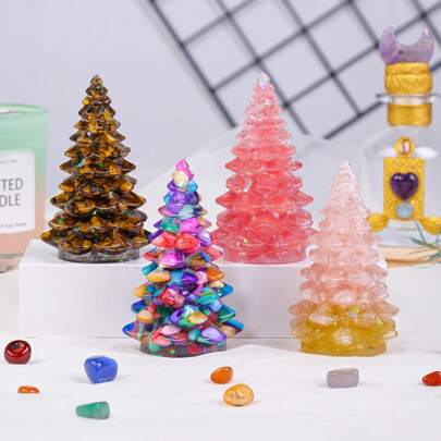 1PC Natural Crystal Gravel Christmas Tree Statue Dropper Resin Reiki Stone Divination Fengshui Sculpture Christmas Home Decor, Sparkling Decoration For Home Office Christmas Gift