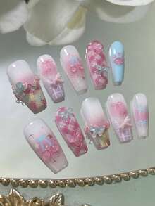 10pcs/Set Handmade Cute & Sweet Coffin Nail Stickers, Y2K Gradient Blush Base With Star, Checkerboard, Polka Dot And Multicolor Diamond Patterns - Multicolor - View 2