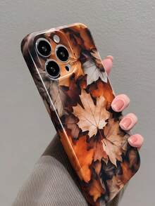 1pc Autumn Maple Leaf Patchwork Pattern Perforated Glossy Film Phone Hard Case, Compatible With IPhone 11/12/13/14/15/16 Pro Max Waterproof Shockproof Anti-Fall Scratch Resistant - Multicolor - View 2