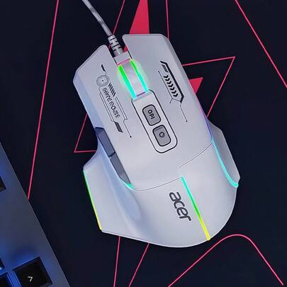 Acer 滑鼠OMW950 巨集程式+RGB炫光雙配置 加強編織線抗纏繞 Win/Mac秒切換 網咖家用全能王雙擎電競滑鼠 白色