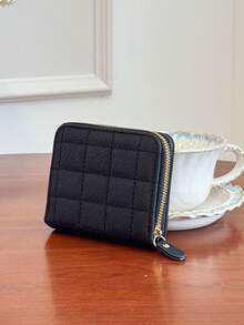 几何拼接迷你钱包卡包，便携式现金袋，适合商务、办公、周年纪念、情侣、男士生日礼物 - 黑色 - 查看 5