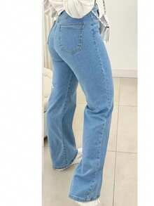 Women's Basic Wide Jeans, High Waist, Modern Loose Fit. - 淺色水洗藍 - 查看 3