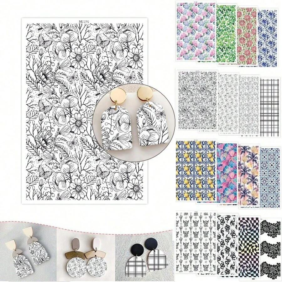 Watercolor Flower Transfer Paper - 1 Sheets Vintage Rustic Floral Transfer Paper For Polymer Clay Earrings, Retro Flower Clay Transfer Paper For Jewelry