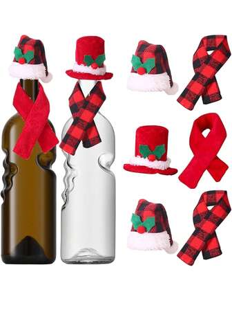 1 套圣诞葡萄酒瓶套、布法罗格子迷你圣诞圣诞老人帽和围巾葡萄酒瓶装饰
