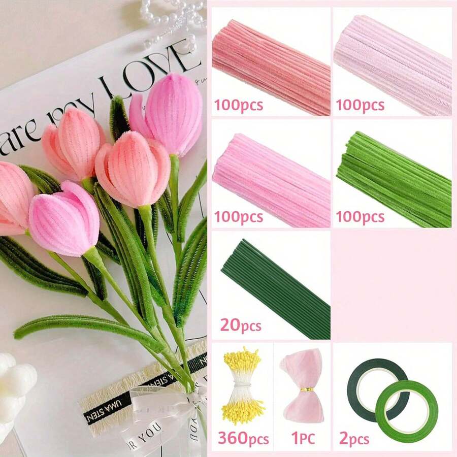 100/783pcs Pink Fuzzy Tulip Poppy Flower Set - Perfect For Valentine's Day, Mother's Day, Christmas, New Year, Holidays, Beginner Fuzzy Flower Stem Set, Home Decor Crafting Kit