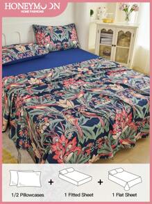 3/4件套鸟栖树印花床上用品套装，易护理超细纤维柔软床上用品套装，包含床笠（1件床单+1件床笠+半个枕套），纯色床笠，可选加大号、大号、标准双人床、单人床尺寸，深口袋设计，枕套最大可达11.8英寸，柔软透气，抗皱，提升睡眠质量，奢华酒店风格，送给父母和朋友的礼物，适合家庭和宿舍使用。