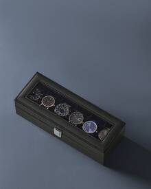 Watch Box With 6 Slots, Watch Case With Glass Lid, Watch Display Box With Removable Watch Pillows, Metal Clasp, Gift Idea, Black Synthetic Leather, Black Lining - Black - View 2