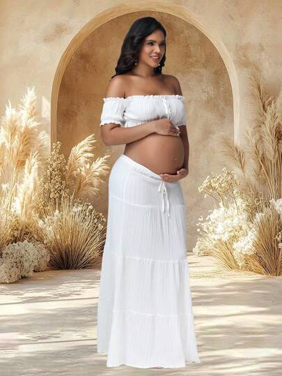 JustVH Bộ 2 món gồm áo croptop trễ vai xếp ly và chân váy maxi dài thướt tha dành cho bà bầu, thích hợp chụp ảnh và mặc đi biển, màu trắng mùa xuân.