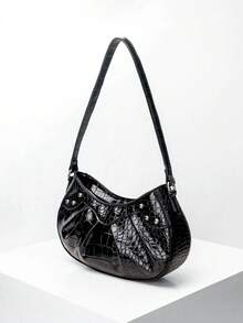 1pc Women's Crocodile Grain Minimalist Underarm One Shoulder Baguette Bag, Rivet Fashion Shoulder Bag, Coin Purse, Suitable For Daily Use, Ideal Gift Choice - Black - View 3