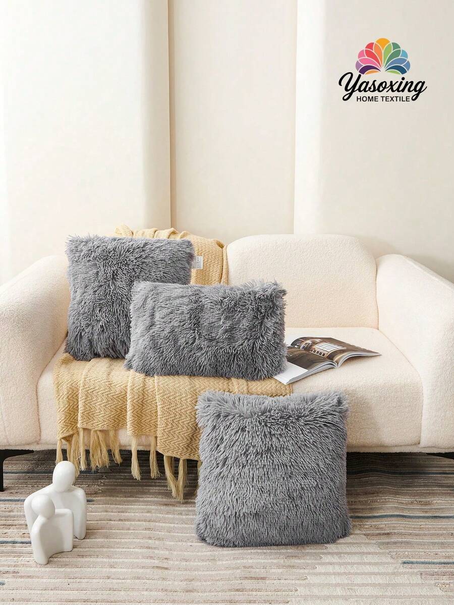 1pc Gray Fuzzy Plush Cushion Cover Without Filler, Modern Flannelette Decorative Throw Pillowcases Zipper Closure For Home, For Sofa, Living Room - Grey - View 1
